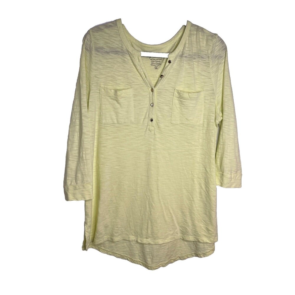 Chicos Soft Lemon Yellow Light Knit 3/4 Sleeve pockets Top Blouse sz 2 / L (15